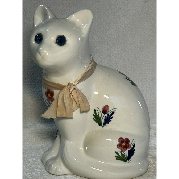 Vintage 1974 Elpa Al Cobaca Portugal Blue Eyed White Cat Figurine w/flowers VGUC - Picture 2 of 12